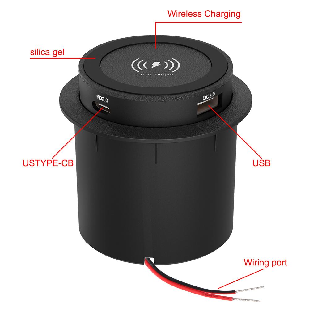 USB Type-C Embedded Wireless Charger Outlet Socket 15W Car Charger Quick Charge PD 3.0 For Camper Truck ATV Boat Car RV