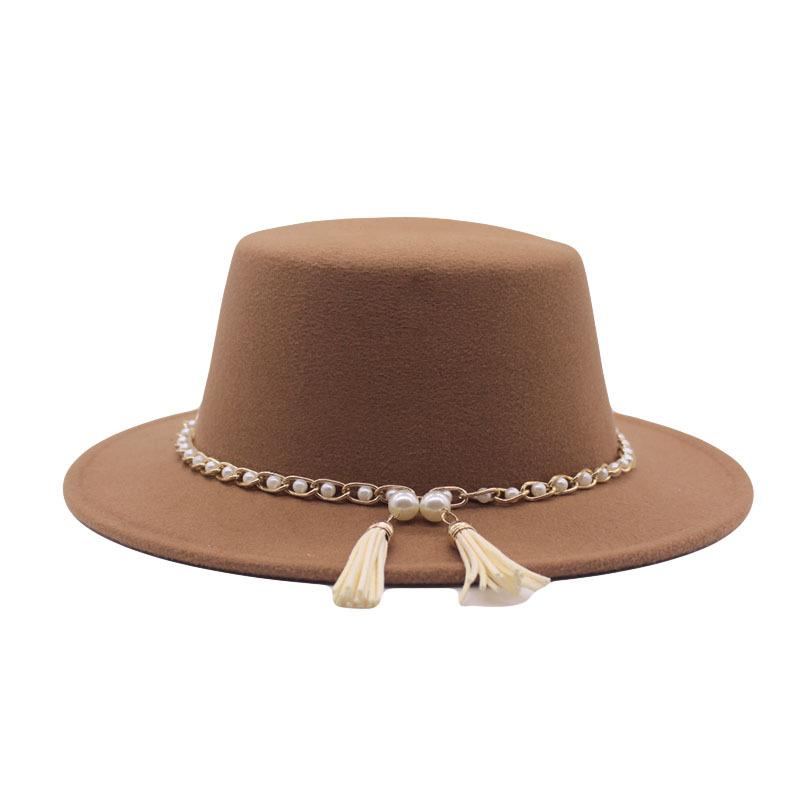 European, American and British Style Retro Fringed Pearl Chain Woolen Felt Hat Wide Brim Top Hat Flat Top Lady Hat Trendy Girl
