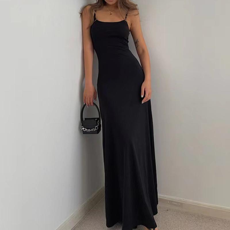 Elegantes Slim Fit Solid Sexy Party Langes Kleid Damen Casual Straps Rückenfreies Kleid für Damen Sommer Neue Hohe Taille A-Linie Ärmelloses Damenkleid 26383