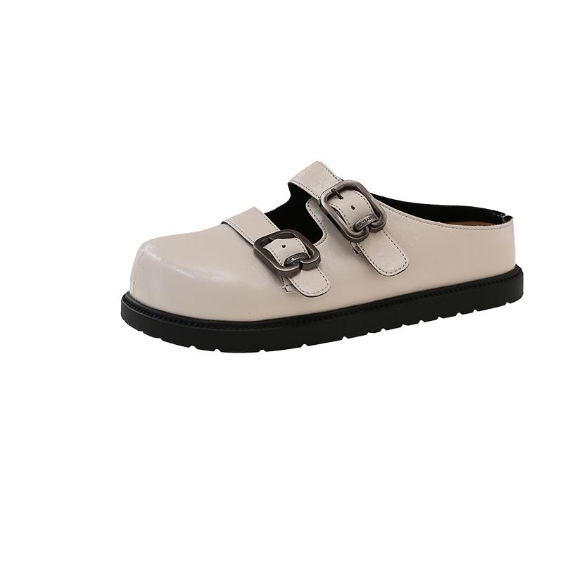 

Fashion Spring and Summer New Round Toe Double Buckle Lazy Baotou Half Slippers Women s Outside Wear Mary Jane Flat Shoes 40