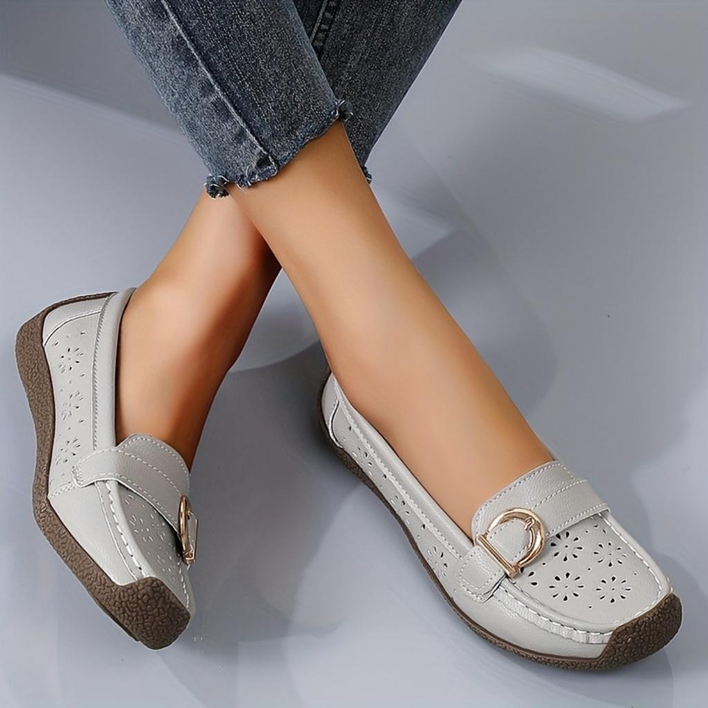 Ladies' Breathable White One Foot Loafers - Gold Buckle, Lightweight Casual Summer Shoes, Comfortable Daily Wear, Fashionable and Durable