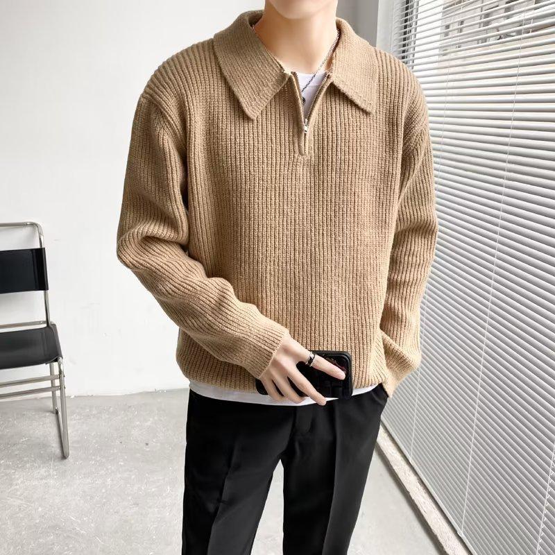 Men s Loose Waffle Knit Sweater - Autumn/Winter 2024 Lapel Knitwear, Korean Style M хаки