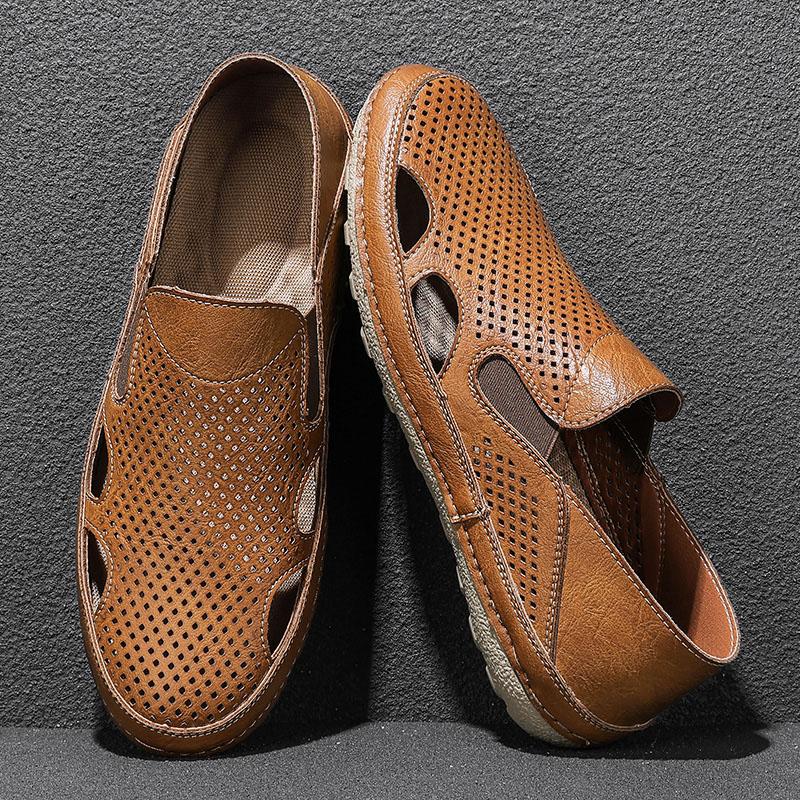 Fashion Outdoor Sandals for Men Summer Slip on Shoes Microfiber Leather Male Casual Shoes Hollow Out Loafers Breathable Driving Footwear