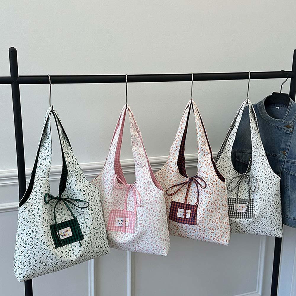 Sweet Plaid Cloth Vest Pouch Lattice Women Floral Handbag Simple Tote Bag  Summer