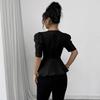 Women's Square Neck Short Sleeve Button Blouse Solid Color Fitted Casual Summer Top