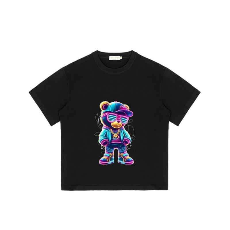 Schwarzes T-Shirt mit buntem Bären-Cartoon-Print für Freizeitkleidung