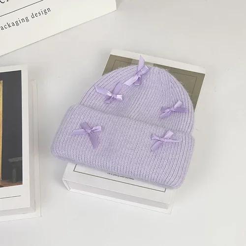 New Angora Rabbit Fur Bow Winter Hat For Women Knitted Fluffy Beanie Ladies Fashion Warm Plush Skull Womens Thick Fleece Hat Y2K