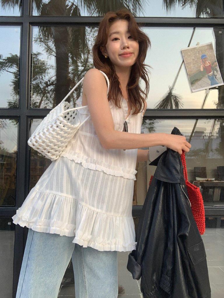 Lemon Green Tea Women's Sweet Ballet-Style Ruffled Lace Camisole Tank for Spring 2026