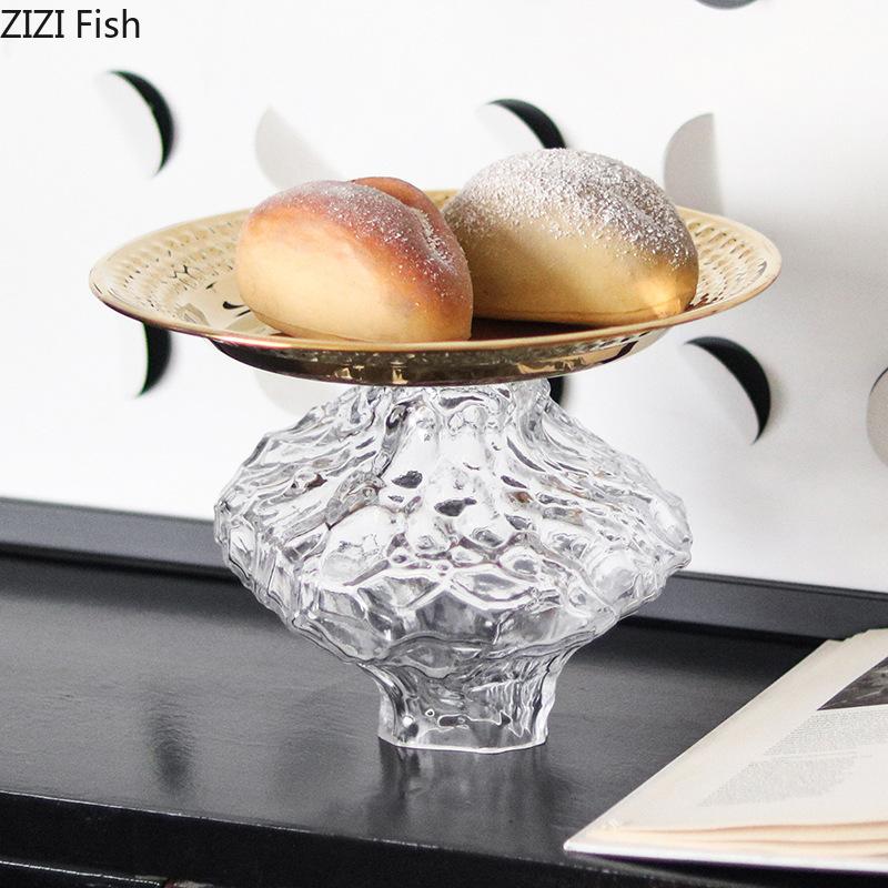 Wrinkle Glass Fruits Bowl Gold Plated Storage Tray Breakfast Dinner Plates Hotel Restaurant Fruit Plate Home Dessert Cutlery