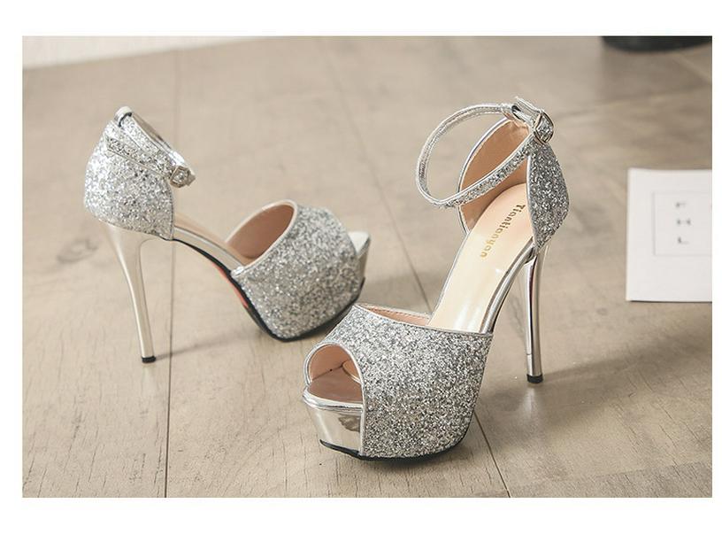 Chic Metal Sequin Stiletto Cutout Platform Sandals 