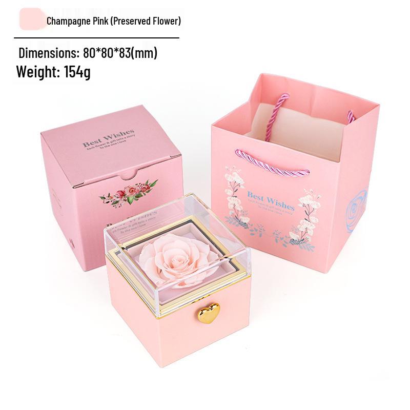 Automatic Rotating Acrylic Jewelry Box with Preserved Rose and Necklace - Valentine's Day Gift