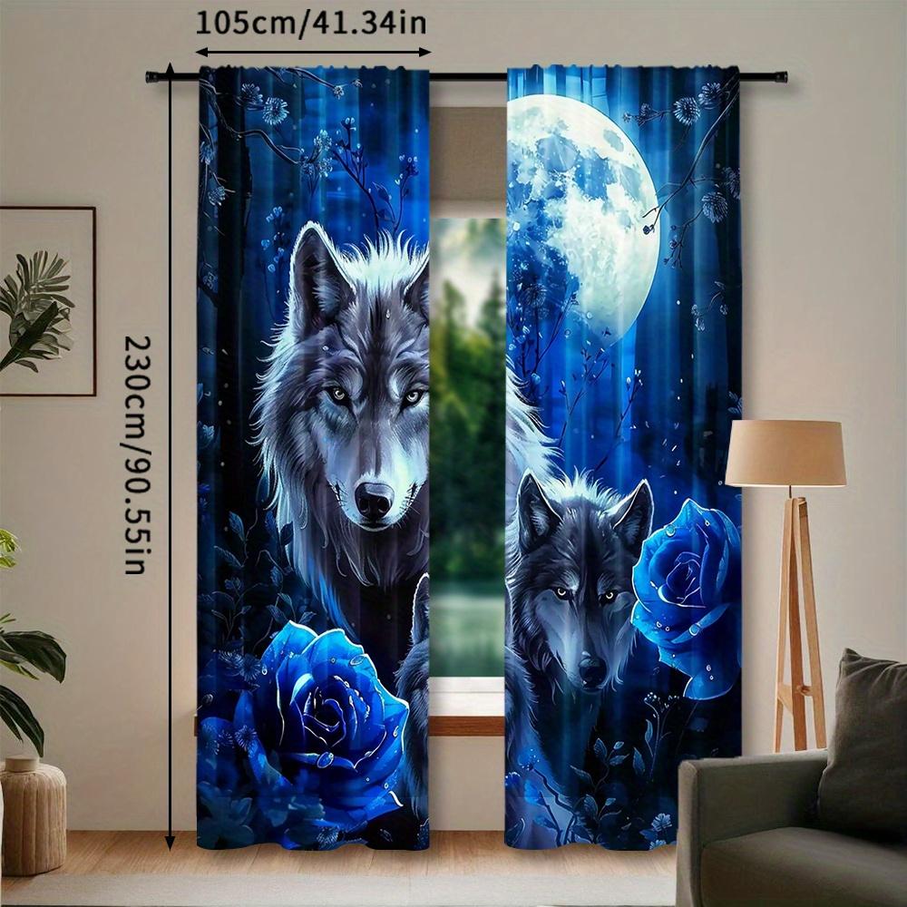 Wolf-Themed Polyester Pongee Room Darkening Curtains 2pcs Set - Contemporary Semi-Sheer Rod Pocket Drapes for Bedroom   Living Ro