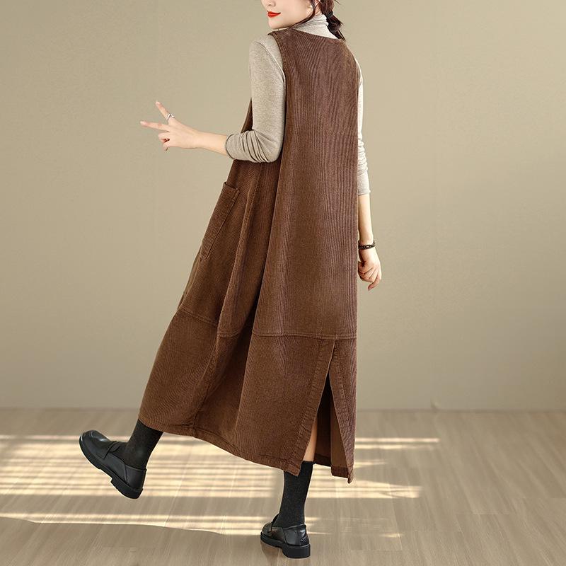 2025 Winter Women's Long Loose Fit Washed Cotton Corduroy Skirt with Square Neck and Slit, Stylish and Slimming Design