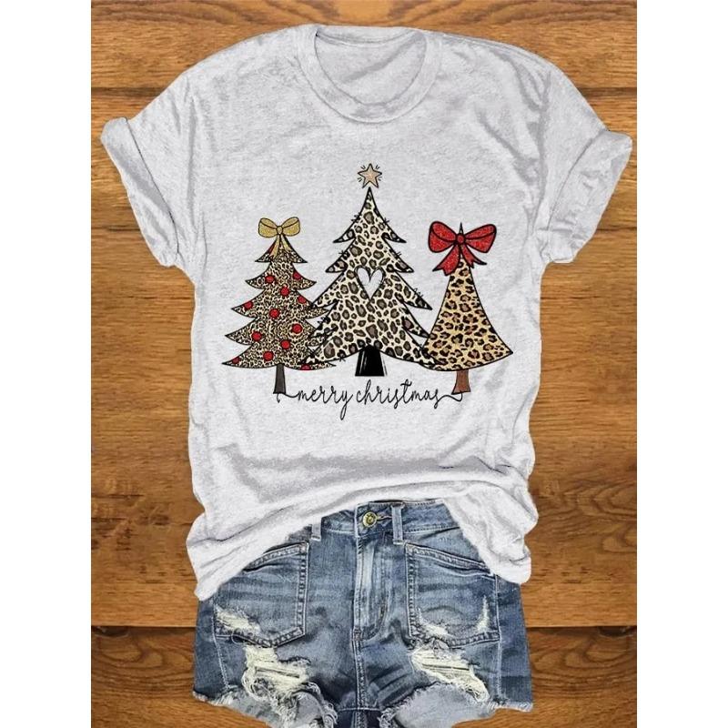 Letní dámská trička s krátkým rukávem, módní, ležérní, s 3D potiskem vánočního stromku a kulatým výstřihem