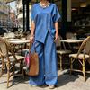 Women's Striped Short Sleeve 2 Piece Outfits Summer Crew Neck Top And Long Pants Matching Lounge Sets with Pockets