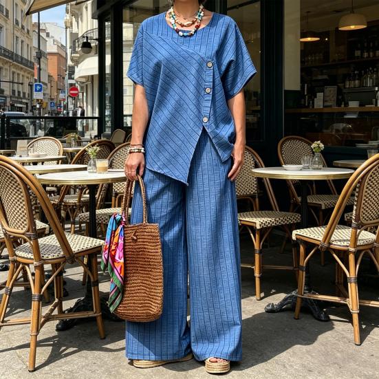 Women's Striped Short Sleeve 2 Piece Outfits Summer Crew Neck Top And Long Pants Matching Lounge Sets with Pockets