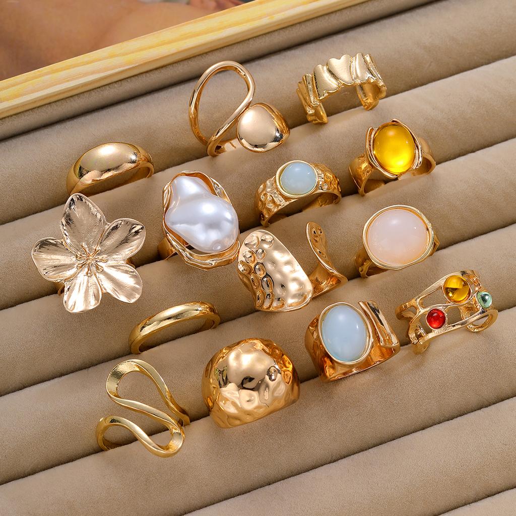 14Pcs Gold Color Floral Pearl Gemstone Ring Set For Women Vintage Irregular Lava Texture Stackable Finger Rings Trendy Jewelry