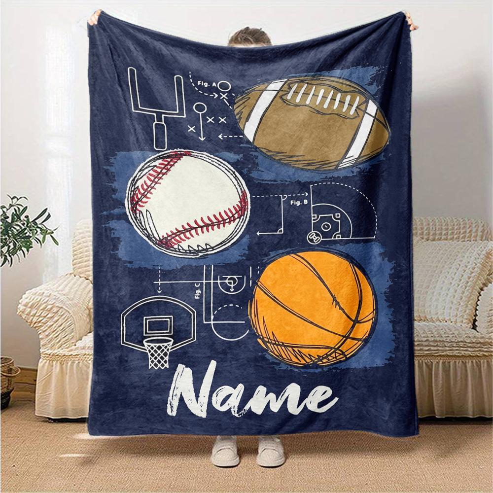 Custom Name Ball Sports Theme Printed Blanket - Perfect for Couch, Bed, Travel & Outdoor Use | Machine Washable, Cozy & Durable.
