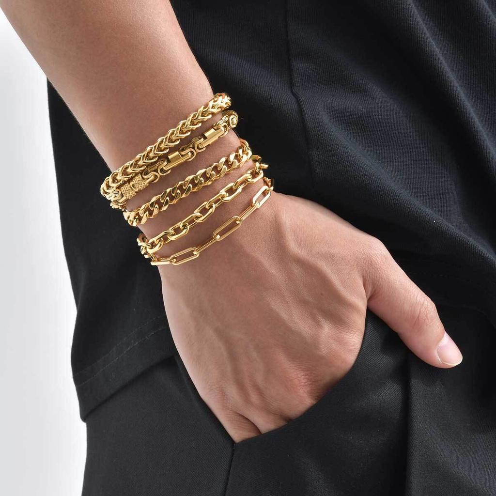 Gold Color Men's Chain Bracelet,Hiphop Stainless Steel Chunky Chain Wristband,Rock Punk Jewelry Gift for Dad Son BBF Him