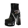 Black Rivet Side Zipper Boots Ladies Gothic Large Size 36-47 Platform Leather Buckle Chunky Heel Women Ankle Boots Zapatos Mujer