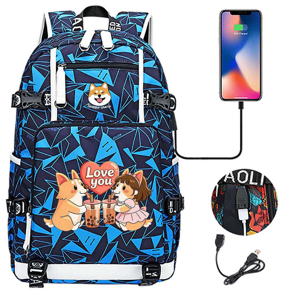 Cute Shiba Inu Corgi USB Charging Backpack for Middle High School Students Travel Casual Daypack