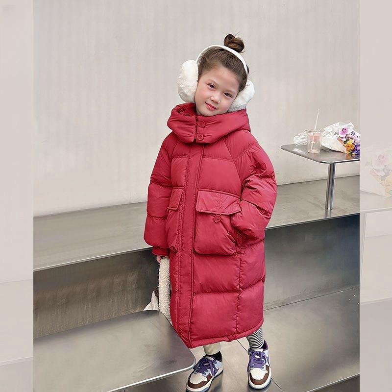 Girls Long Down Cotton Jacket Korean Style Fashionable Stylish Cotton Jacket for Middle and Large Children with Hooded Casual
