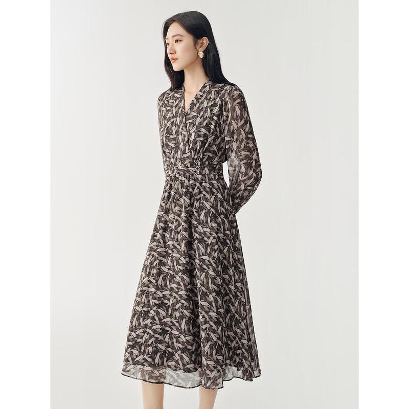 JUZUI Women's 2026 Spring Elegant Geometric Print Chiffon Cinch Waist Dress
