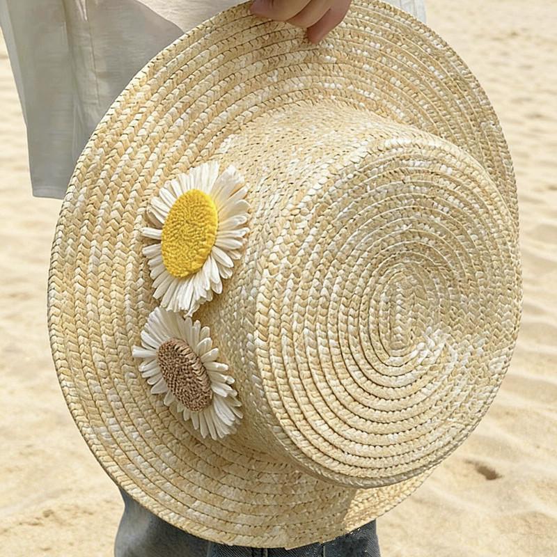 

202603-DS ins chic summer handmade straw sunflower holiday lady fedoras cap women leisure jazz hat head size 57cm бежевий