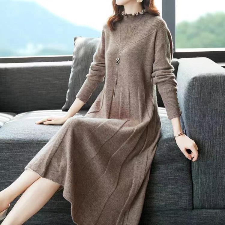Abito a Maglia Midi Dolcevita Mezzo Manica Lunga Spessa Maglieria Vestiti Maglione Larga Oversize Vestaglia Abiti Autunnali Donna