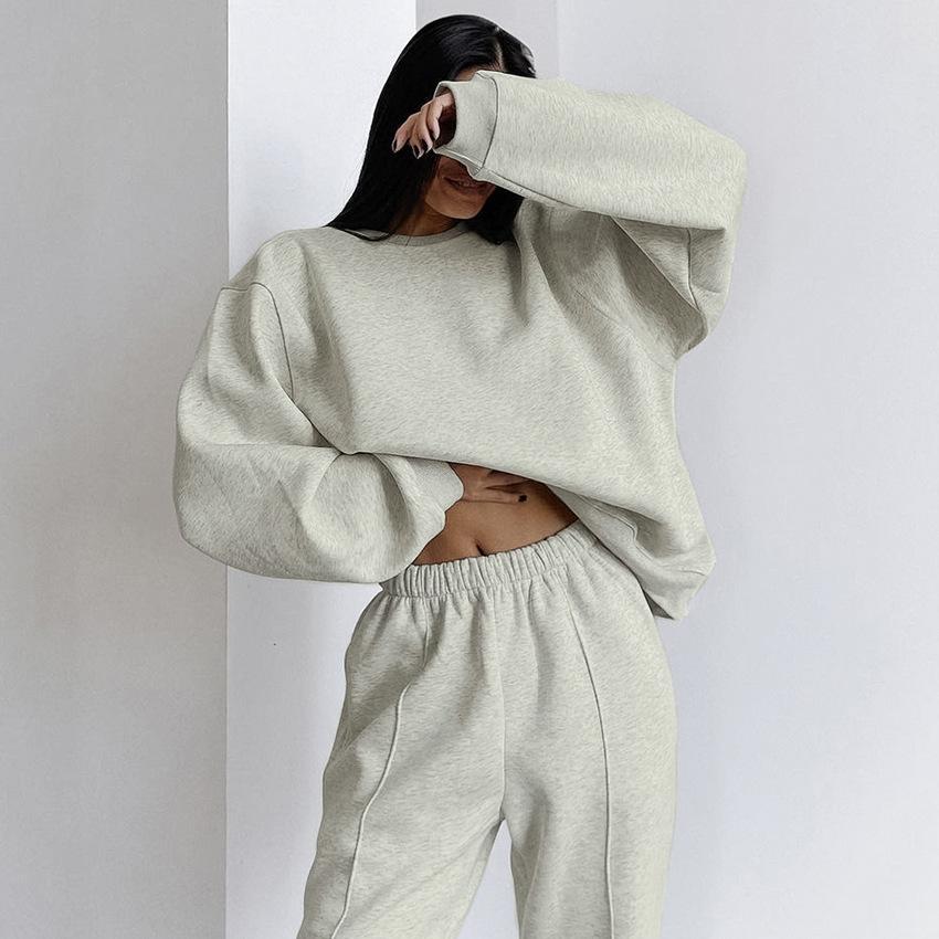 Grey fleece sweater loose set 1116 European and American new autumn fashion women's sports two-piece set