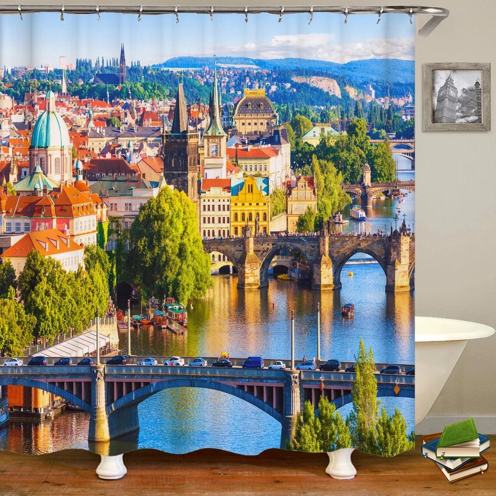 Beautiful Natural Scenery City Town Shower Curtains Bathroom Waterproof Polyester Fabric Bath Curtain Landscape Decor Curtains