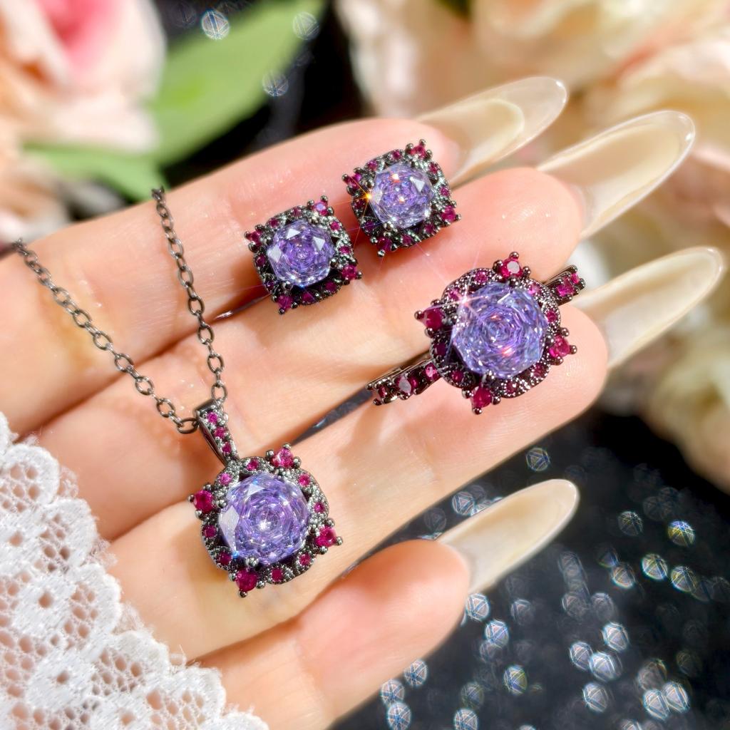 New Black Gold Rose Cut Purple Lithium Zircon Open Ring Pendant Necklace Stud Earrings