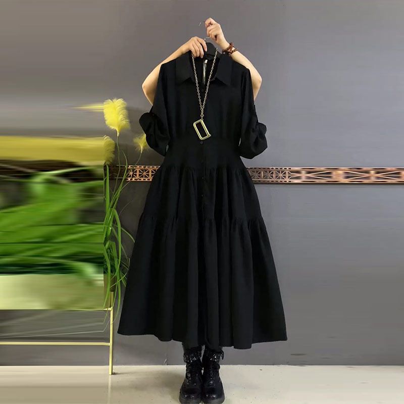 

Plus-Size Women s Elegant Workwear Style Slimming Black Dress with a Turn-Down Collar and Long Waist-Cinching Design Black 3XL