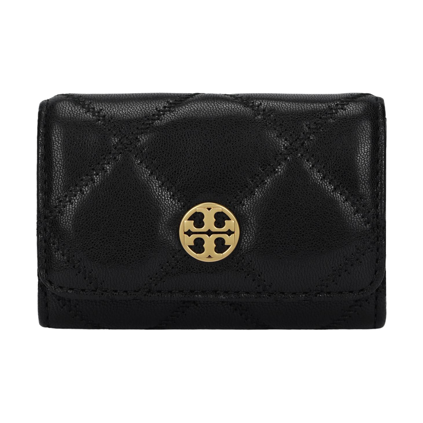 Tory Burch Women's Black Willa Quilted Logo Snap Closure Leather Card Holder Unisex Accessories 150075-001