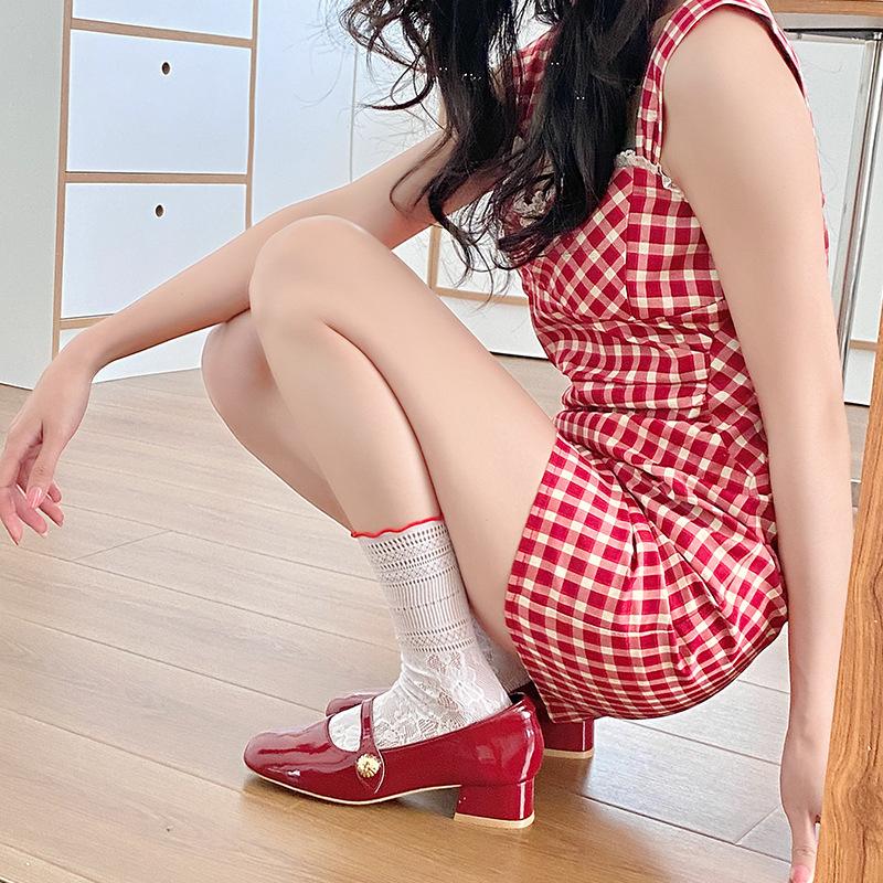 Black Fungus Lace Pile Socks for Women, Summer Hollowed-out Mid-calf Socks, Sweet Lace Lolita Red Lace Thigh-high Socks