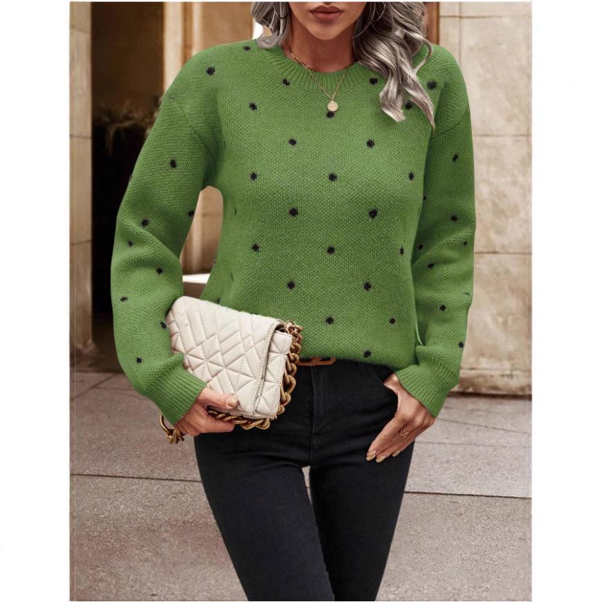 Polka Dot Jacquard Knit Pullover: Round Neck Long Sleeve Sweater for Women