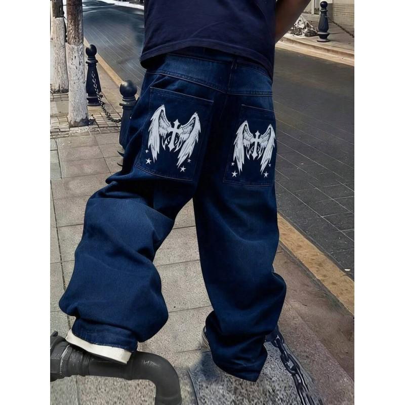 Mens High-Waisted Straight Cut Denim Jeans With Skull Print Streetwear Loose Fit Casual Trousers