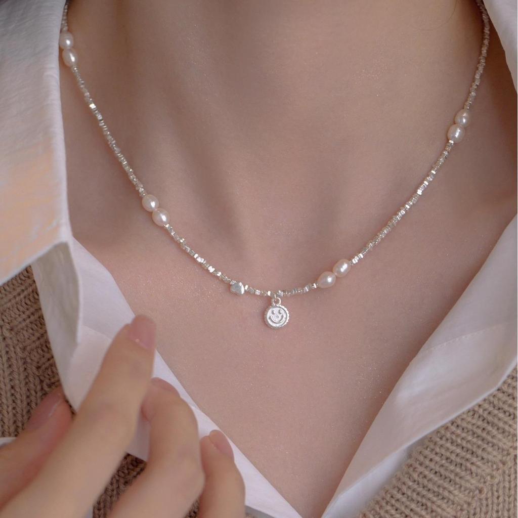 S925 Sterling Silver Freshwater Pearl Heart Smiley Face Necklace - Women's Exquisite Light Luxury Choker
