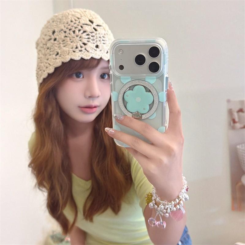 Magnetic Snap-on Phone Case With Flower Stand IPhone 18 Pro Max 17 16 15 Soft Silicone Cover Anti-Drop Polka Dot Design In