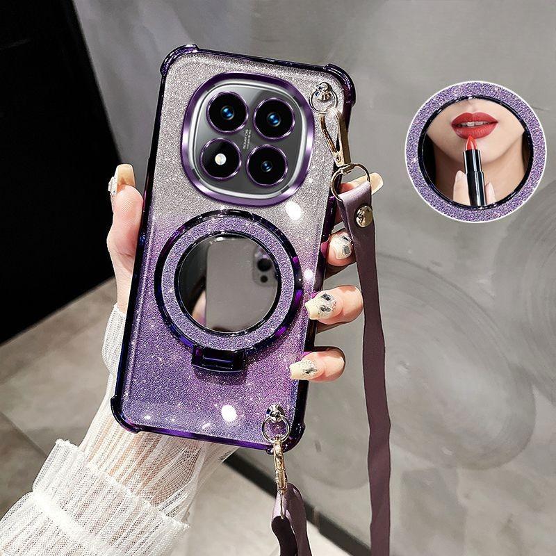 Pouzdro s crossbody šňůrkou, nárazuvzdorné, s třpytivým pokovením, zrcátkem a držákem pro Xiaomi Redmi 14C Note 14 15 Pro Plus 15 15C 14S 4G 5G