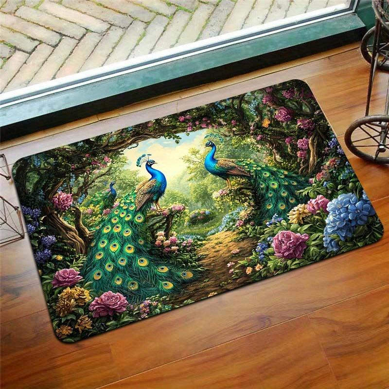 Symmetrical Peacock Rug – Polyester Non-Slip Mat for Game Room, Bathroom, Kitchen or Multi-Use Home Decor