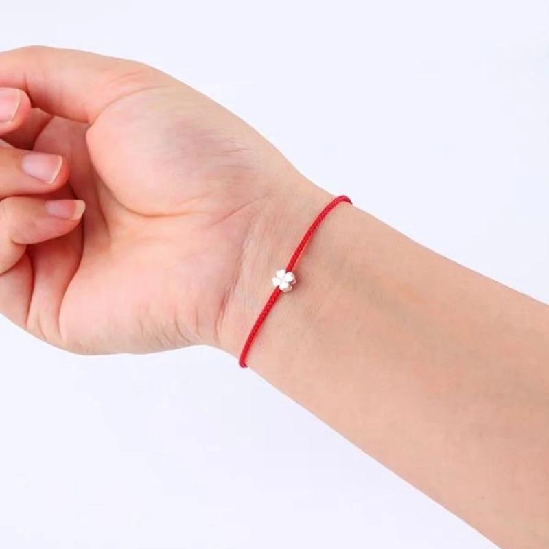 S925 Sterlingsilber Verstellbares Armband für Damen, Blumen, Rotes Band, Kleeblatt, Feiner Schmuck, Minimalistische Accessoires