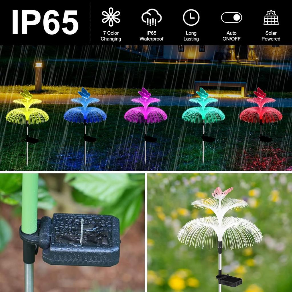 1pc Solar Garden Lights Waterproof Outdoor Decorative 7 Color Changing Double Jellyfish and Butterfly Flower Garden Decor Yard Christmas Pool Outdoor