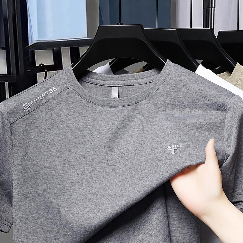 Men's Stretchy Breathable Ice Silk Short-Sleeve T-Shirt - Round Neck, Solid Color, Versatile Casual Base Layer for Summer.