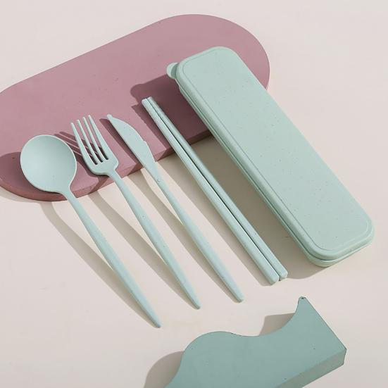 4Pcs/Set Reusable Portable Plastic Cutlery Set with Storage Box Students Spoon Fork Cutter Chopsticks Tableware Set