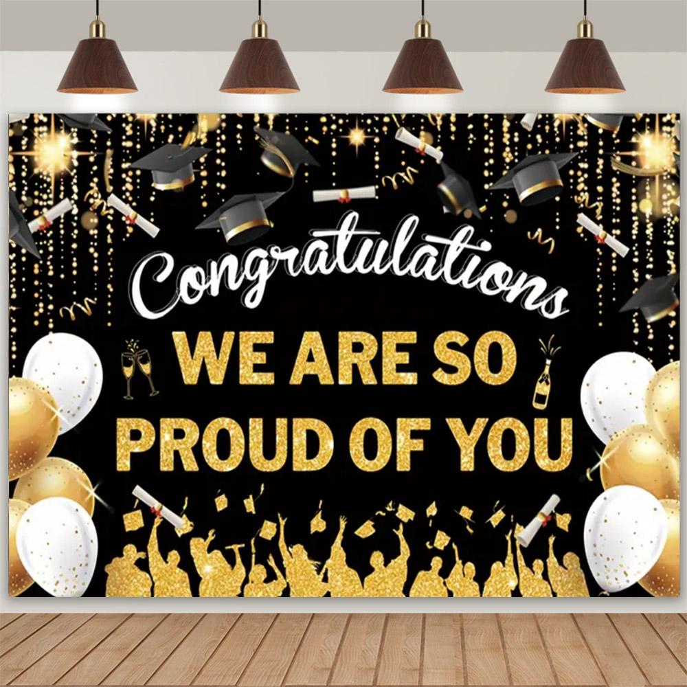 Abschlussfoto-Hintergrund, Glückwünsche, Abschlussfeier, Abschlusskappe mit gold-schwarzem Pailletten, Plakat mit personalisiertem Text, Banner