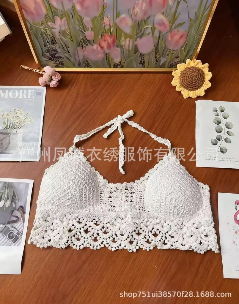 Summer new careful machine sexy backless seaside vacation neck knitted short outerwear top sling vest