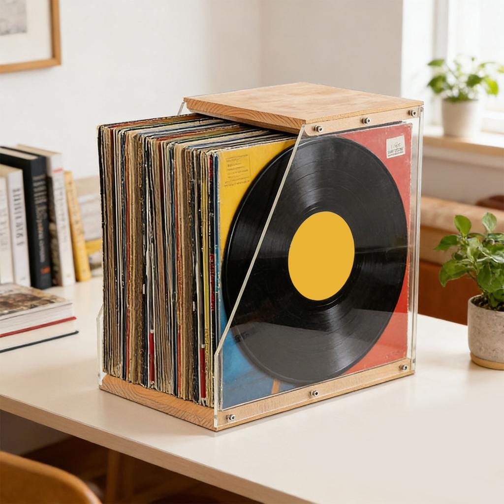 Elegant Acrylic And Wood Record Album Organiser With Spacious Design Books And Magazines Display Rack