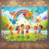 2D Summer Kids Backdrop, Happy Children Holding Butterfly Balloons In the Meadow Photography Background for Family & Kids Photos