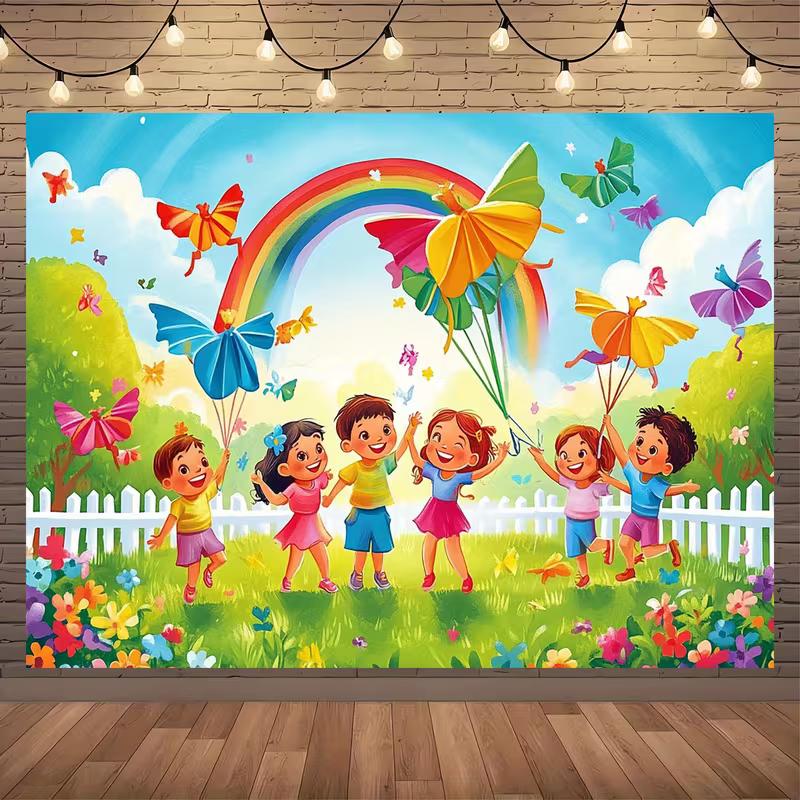 2D Summer Kids Backdrop, Happy Children Holding Butterfly Balloons In the Meadow Photography Background for Family & Kids Photos